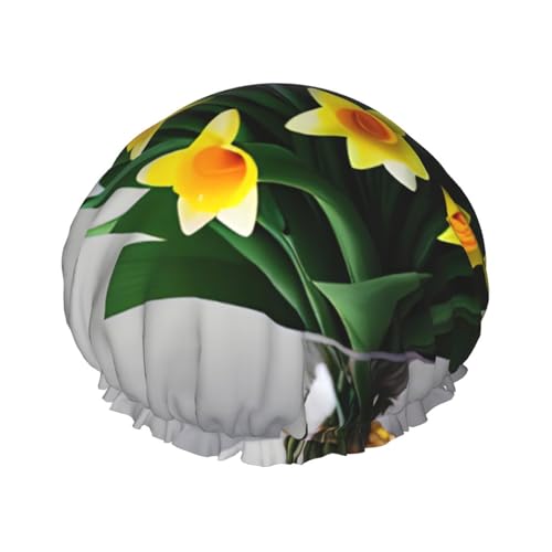 Bouquet of Narzissen Druck Doppellagig Wasserdicht Duschhaube Damen Herren Wiederverwendbare Badehaarkappen Gummiband von Unkhtt