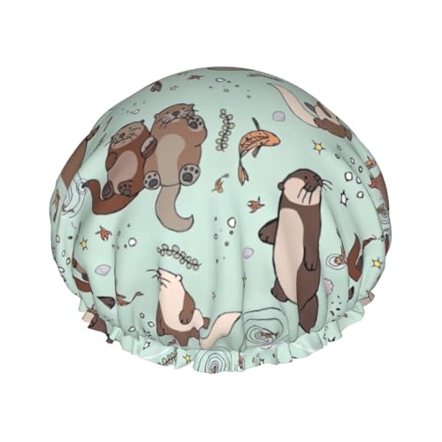 Cartoon-Duschhaube, niedlicher Druck, doppellagig, wasserdicht, für Damen und Herren, wiederverwendbar, elastisches Band von Unkhtt