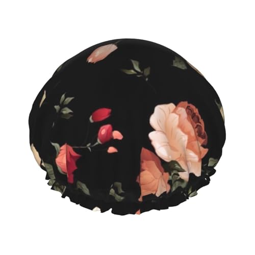 Duschhaube mit Blumenmuster, doppelschichtig, wasserdicht, für Damen und Herren, wiederverwendbar, elastisches Band von Unkhtt