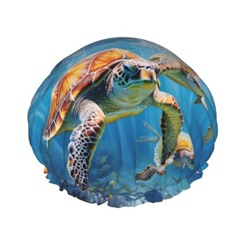 Duschhaube mit Meeresschildkröten-Druck, doppellagig, wasserdicht, für Damen und Herren, wiederverwendbar, elastisches Band Duschhaube mit Meeresschildkröten-Druck, doppellagig, wasserdicht, für Damen und Herren, wiederverwendbar, elastisches Band von Unkhtt