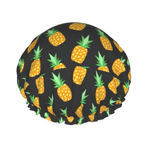 Duschhaube mit gelbem Ananas-Druck, doppellagig, wasserdicht, für Damen und Herren, wiederverwendbar, elastisches Band von Unkhtt