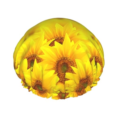 Duschhaube mit gelbem Sonnenblumendruck, doppellagig, wasserdicht, für Damen und Herren, wiederverwendbar, elastisches Band von Unkhtt