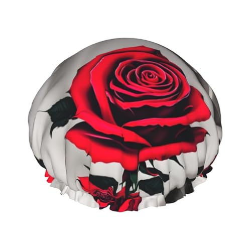 Duschhaube mit rotem Rosen-Druck, doppellagig, wasserdicht, für Damen und Herren, wiederverwendbar, elastisches Band Duschhaube mit rotem Rosen-Druck, doppellagig, wasserdicht, für Damen und Herren, wiederverwendbar, elastisches Band von Unkhtt