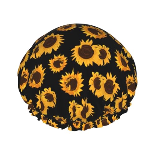 Goldene Sonnenblumen-Druck, doppellagig, wasserdicht, Duschhaube, für Damen und Herren, wiederverwendbar, elastisches Band von Unkhtt