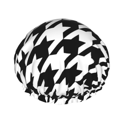 Hahnentritt-Duschhaube mit schwarzem Druck, doppellagig, wasserdicht, für Damen und Herren, wiederverwendbar, elastisches Band von Unkhtt