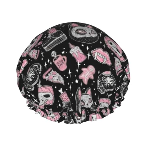 Halloween-Kürbis-Katzen-Druck, doppellagig, wasserdicht, Duschhaube, für Damen und Herren, wiederverwendbar, elastisches Band von Unkhtt