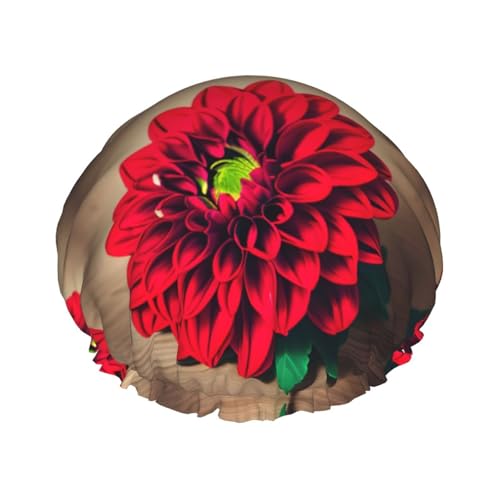 Holzbrett Retro Blume Rot Dahlie Druck Doppellagig Wasserdicht Duschhaube Damen Herren Wiederverwendbare Badehaarkappen Gummiband von Unkhtt