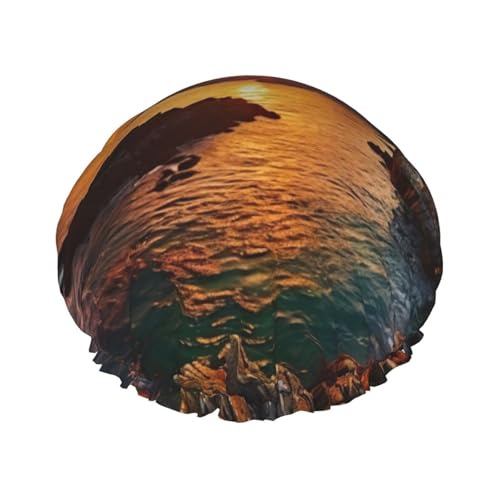 Ireland Sunset Seascape Print Double Layer Waterproof Shower Cap Women Men Reusable Bath Hair Caps Elastic Band von Unkhtt