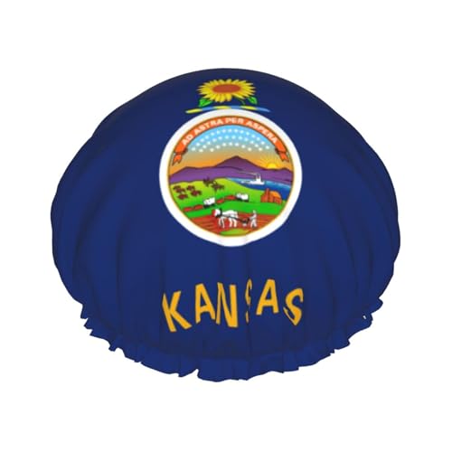 Kansas State Flag Print Double Layer Waterproof Shower Cap Women Men Reusable Bath Hair Caps Elastic Band von Unkhtt