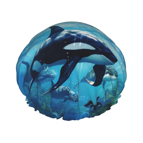 Killer Whales Swim Along Print Double Layer Waterproof Shower Cap Women Men Reusable Bath Hair Caps Elastic Band von Unkhtt