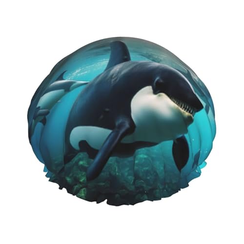Killer Whales Swim Along Print Double Layer Waterproof Shower Cap Women Men Reusable Bath Hair Caps Elastic Band von Unkhtt