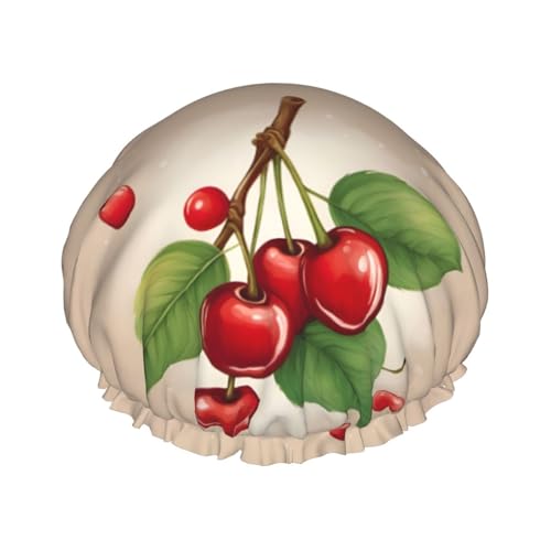 Lovely Sweet Red Cherry 1 Print Double Layer Waterproof Shower Cap Women Men Reusable Bath Hair Caps Elastic Band von Unkhtt