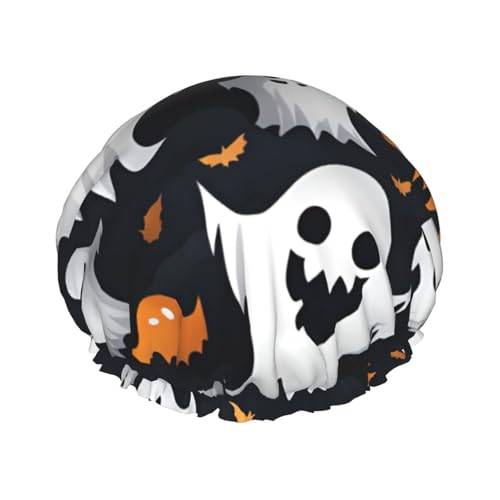 Niedliche weiße Geister-Halloween-Muster, doppelschichtig, wasserdicht, Duschhaube, für Damen und Herren, wiederverwendbar, elastisches Band Niedliche weiße Geister-Halloween-Muster, doppelschichtig, wasserdicht, Duschhaube, für Damen und Herren, wiederverwendbar, elastisches Band von Unkhtt