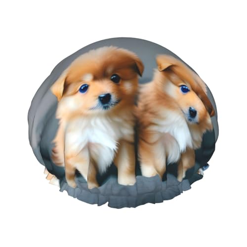 Pomeranians Puppies and Point 1 Print Double Layer Waterproof Shower Cap Women Men Reusable Bath Hair Caps Elastic Band von Unkhtt