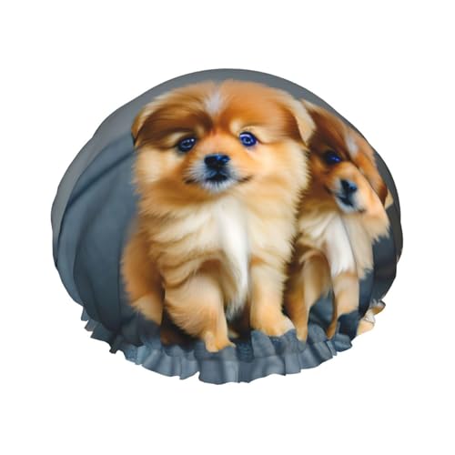 Pomeranians Puppies and Point Print Double Layer Waterproof Shower Cap Women Men Reusable Bath Hair Caps Elastic Band von Unkhtt