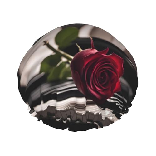 Rote Rose auf Klavierdruck, doppellagig, wasserdicht, Duschhaube, für Damen und Herren, wiederverwendbar, elastisches Band Rote Rose auf Klavierdruck, doppellagig, wasserdicht, Duschhaube, für Damen und Herren, wiederverwendbar, elastisches Band von Unkhtt