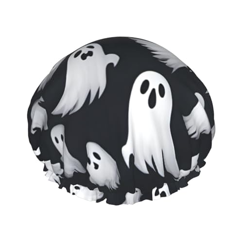 Süßes weißes Geister-Halloween-Muster, 1 Druck, doppellagig, wasserdicht, Duschhaube, für Damen und Herren, wiederverwendbar, elastisches Band Süßes weißes Geister-Halloween-Muster, 1 Druck, doppellagig, wasserdicht, Duschhaube, für Damen und Herren, wiederverwendbar, elastisches Band von Unkhtt