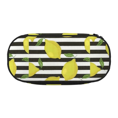 Unkhtt Federmäppchen mit blauem Streifen und Zitronenmuster, großes Fassungsvermögen, für Studenten, Doppelreißverschluss, Schule, Schreibwaren, Make-up, Schwarz , Einheitsgröße, Taschen-Organizer von Unkhtt