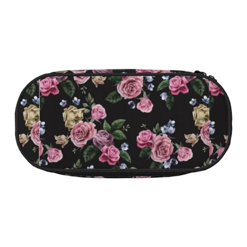 Unkhtt Federmäppchen mit schwarzem Rosenmuster, großes Fassungsvermögen, für Studenten, Doppelreißverschluss, Schule, Schreibwaren, Make-up, Schwarz , Einheitsgröße, Taschen-Organizer von Unkhtt