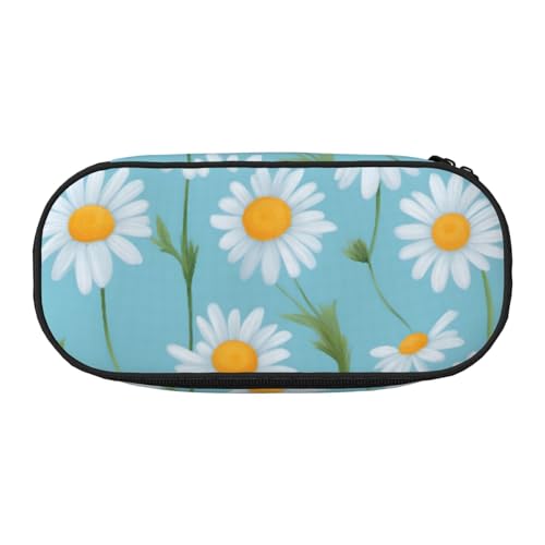 Unkhtt Federmäppchen mit weißem Gänseblümchen auf hellblauem Hintergrund, großes Fassungsvermögen, Schüler, Doppelreißverschluss, Schule, Schreibwaren, Make-up-Aufbewahrung, Schwarz , Einheitsgröße von Unkhtt