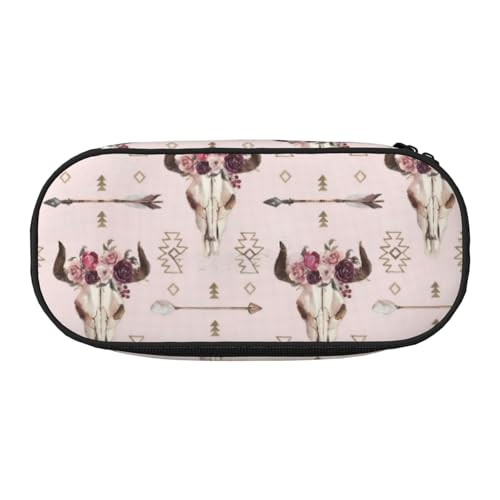 Unkhtt Stifteetui mit Stierschädel und Tribal-Aufdruck, großes Fassungsvermögen, Schüler, Doppelreißverschluss, Schule, Schreibwaren, Make-up-Aufbewahrung, Schwarz , Einheitsgröße, Taschen-Organizer von Unkhtt