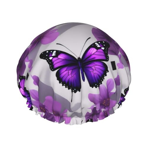 Violette Schmetterlings- und Blumen-Duschhaube, doppellagig, wasserdicht, für Damen und Herren, wiederverwendbar, elastisches Band Violette Schmetterlings- und Blumen-Duschhaube, doppellagig, wasserdicht, für Damen und Herren, wiederverwendbar, elastisches Band von Unkhtt