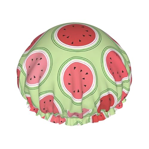Wassermelonen-Grüner Druck, doppellagig, wasserdicht, Duschhaube, für Damen und Herren, wiederverwendbar, elastisches Band von Unkhtt