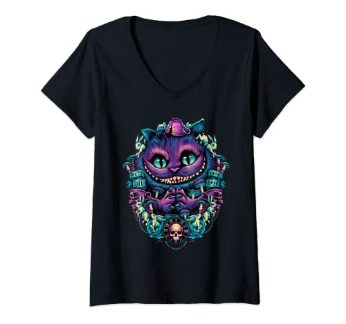 Damen Alice im Wunderland Grinsekatze All Mad Here T-Shirt mit V-Ausschnitt von Unknown Artist