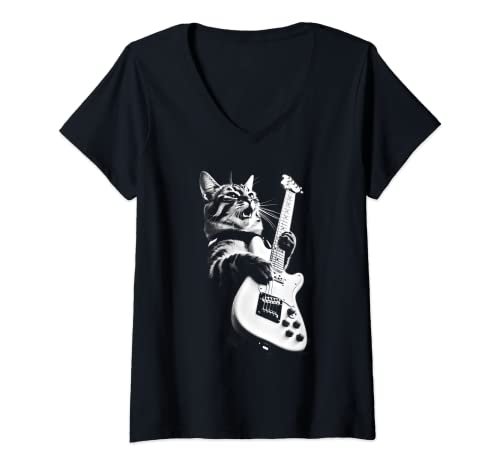 Damen Rock Cat Playing Guitar - Funny Guitar Cat T-Shirt mit V-Ausschnitt von Unknown Designer