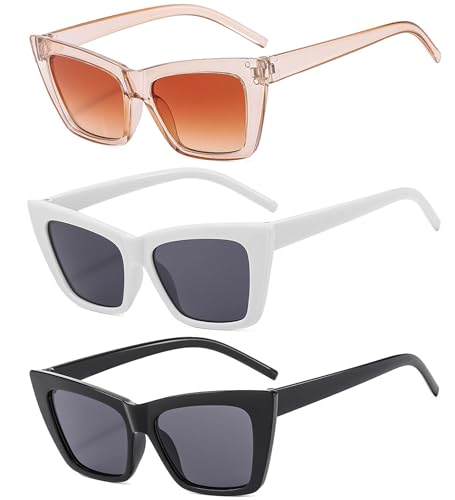 Unning 3 Stück Vintage Sonnenbrille Damen Retro Quadratisch Cateye Sonnenbrillen Trendy Mode Brille Set für Damen Frauen von Unning