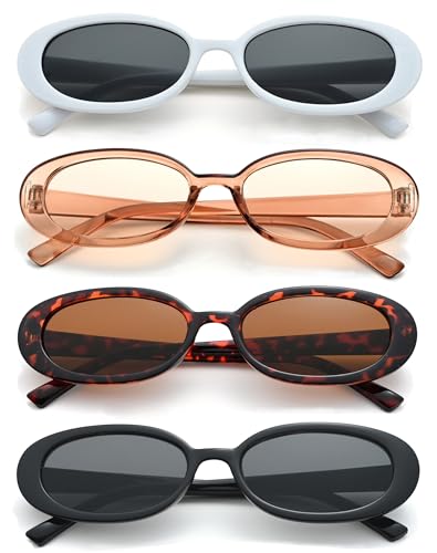 Unning 4 Stück Oval Sonnenbrille Damen Vintage Kleine Schmal Sonnenbrillen Set 90er Retro Ovale Brille Für Damen von Unning