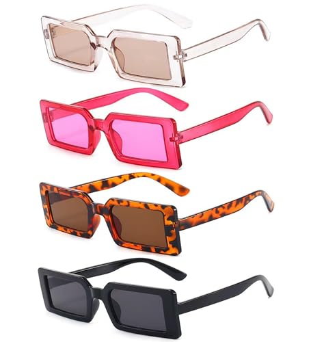 Unning 4 Stück Rechteckige Sonnenbrille Damen Retro 90er Trendy Sonnenbrillen Set Vintage Quadrat Brille für Damen von Unning