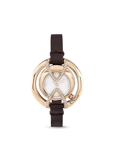 UNO de 50 18 K vergoldete Uhr mit braunem Lederarmband, rundes doppeltes Zifferblatt mit Topas UNO de 50 18 K vergoldete Uhr mit braunem Lederarmband, rundes doppeltes Zifferblatt mit Topas von Uno de 50