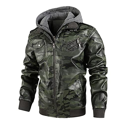 Camouflage Bikerjacke Herren Mit Kapuze - Lederjacke Herren Biker Kunstleder Jacke Retro Bomberjacke Winterjacke Sale Warme Motorrad Jacken Übergangsjacke-Kapuzenjacke-Outdoorjacke-Regenjacke von UnoSheng