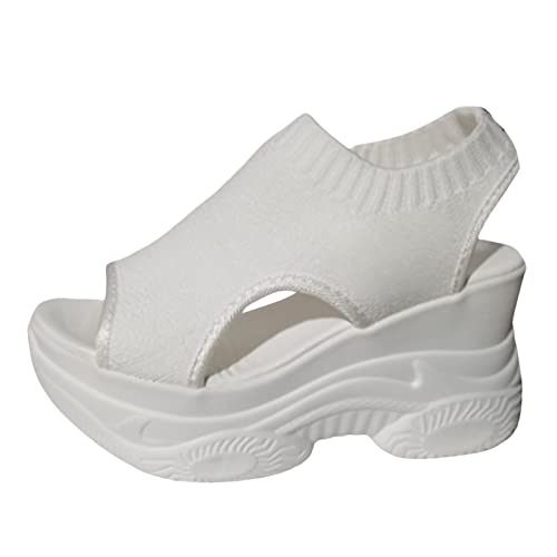 Damenschuhe Pumps Keilabsatz Sandalen mit dicken Sohlen für Damen, Sommer, Mesh, atmungsaktiv, mit Fischmaul, schräger Absatz, Sandalen für Sport- und Freizeitschuhe Bequeme Schuhe Damen (White, 37) von UnoSheng