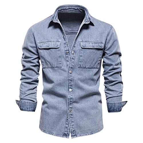 Herren Jeanshemd Mit Druckknöpfen Herrenmode, einfach, locker, mit Taschen, Jeans, bügelfrei, solides, langärmliges Hemd Hemd Herren Classic (Blue, L) von UnoSheng