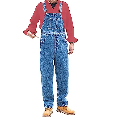 Jeanslatzhose Herren Mit Seitentaschen - Blaue Latzhose Herren Jeans Overalls Retro Jumpsuit Arbeitshose Loose Fit Latzanzug Casual Denim Jeans Große Größe Denim-Jumpsuit/Jeanshose/Cargohose von UnoSheng