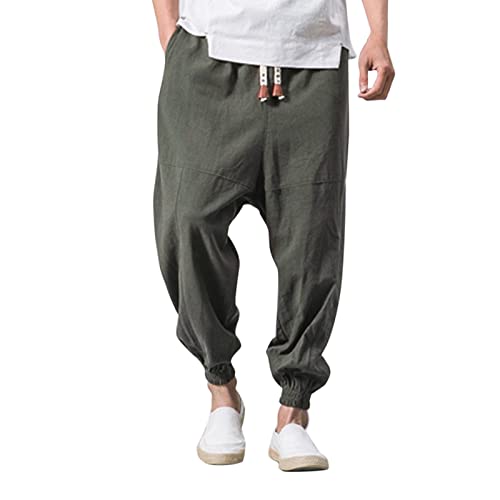 Jogginghose Im Haremstil Baumwolle Und Leinen - Haremshose Herren Japanisch Harems Hose Baggy Lang Aladinhose Einfarbige Freizeithose Leichte Atmungsaktiv Pluderhose Tiefer Schritt Pumphose von UnoSheng