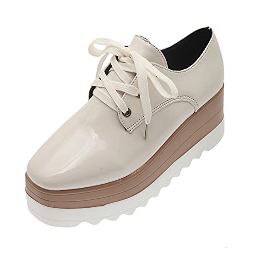 Lackschuhe Damen Fashion Minimalistische Schnürschuhe - Sneaker Damen Plateau Leder Freizeitschuhe Dicke Sohle Loafers Wasserdicht Farbkontrast Outdoorschuhe Casual Damenschuhe Ballerinas von UnoSheng