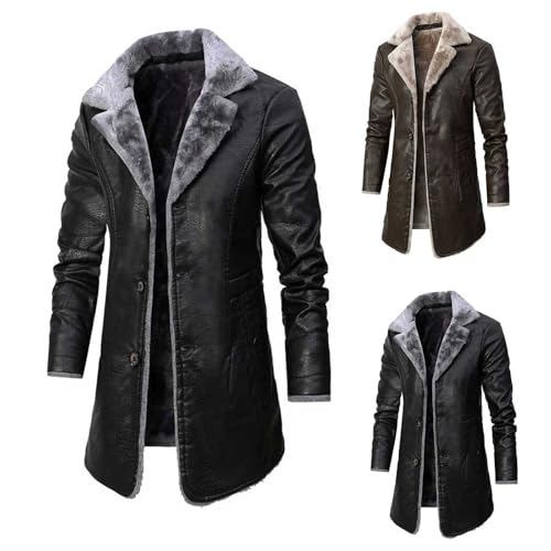 Lederjacke Herren Schwarz Slim Fit - Winterjacke Herren Lang Warm Gefüttert Fleecejacke Vintage Ledermantel Mit Fell-Imitat Jacke Mantel Herrenjacke Mit Kunstpelz Mantel Pu Winddichte Bikerjacke von UnoSheng