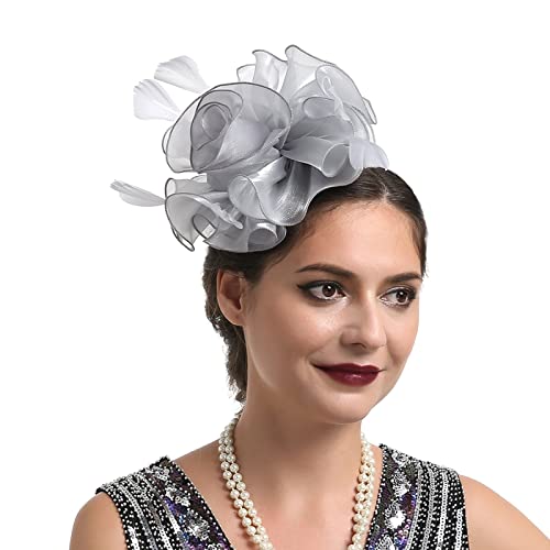 Stirnband Schweißband Damen Hut für Frauen, Hochzeit, Cocktail, Mesh, Federn, Haarspange, Teeparty-Stirnband Lauf Kleidung Herren (Grey, One Size) von UnoSheng