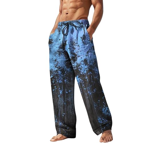 Strandhose Herren Lang Bunt - Sommerhose Herren Lang Leicht Freizeithose Elastische Taille Mit Kordelzug Herrenhose Loose Fit Beach Hose Kariertes Baggy Weite Beine Hose Outdoorhose Jogginghose von UnoSheng