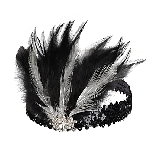 Tennis Kleidung Damen Flapper-Stirnband, schwarze Feder, Kopfschmuck, Strass-Haarband, Cocktailkopf-Accessoires für Damen Rinne (Black, One Size) von UnoSheng