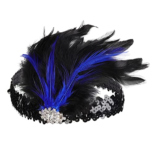 Tennis Kleidung Damen Flapper-Stirnband, schwarze Feder, Kopfschmuck, Strass-Haarband, Cocktailkopf-Accessoires für Damen Rinne (Blue, One Size) von UnoSheng