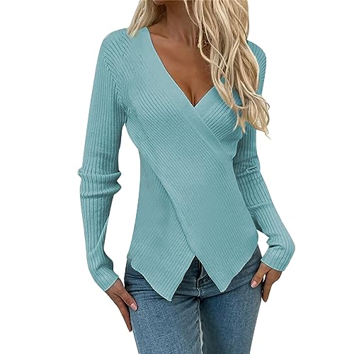 UnoSheng Ausgefallene Pullover Damen Damen-Strickpullover mit V-Ausschnitt und langen Ärmeln, warme Wickeloberteile für Herbst und Winter Bügelfrei Bluse Damen (Blue, M) von UnoSheng