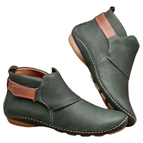 UnoSheng Biker Damen Hoch Damen Vintage Lederstiefel, flache Schuhe, Winterstiefel mit runder Zehenpartie Damen Schuhe Stiefeletten Schwarz Mit Absatz (Green, 39) von UnoSheng