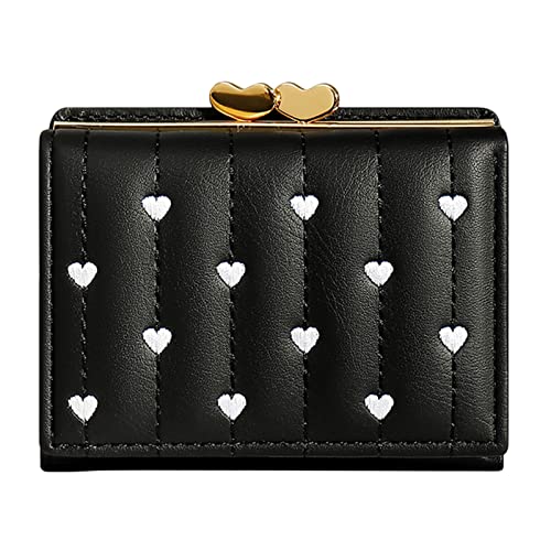 UnoSheng Brieftasche Damen Klein Schwarz Damen dreifach gefaltete Mini-Multifunktions-ID-Geldbörse, Besticktes Herz, Kurze Damen-Clip-Geldbörse Brieftasche Damen Klein Modern (Black, One Size) von UnoSheng