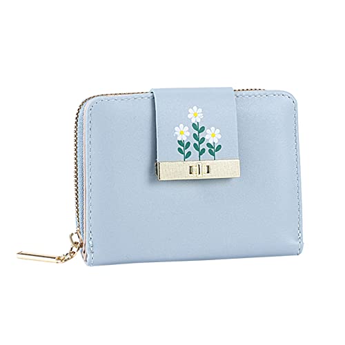 UnoSheng Damen Brieftasche Groß Fashion ID Short Wallet Flowers Print Solid Color Frauen Zipper Purse Mehrere Kartenfächer Clutch Bag Geldbörsen Herren Scheinnadel (Blue, One Size) von UnoSheng