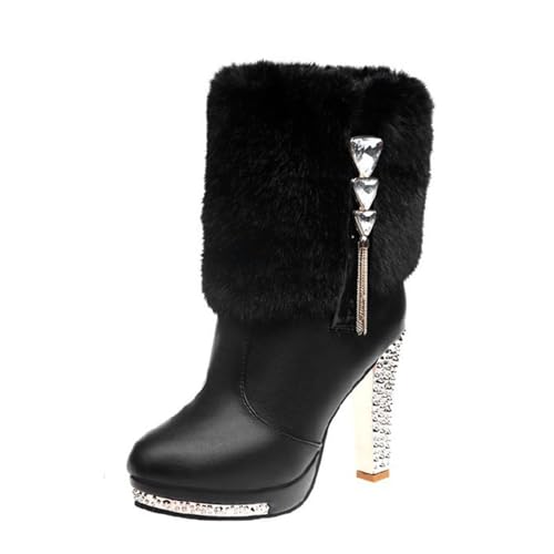 UnoSheng Damen Stiefeletten Plateau Boots Schwarz Damen-Stiefeletten, hohe Absätze, dicke Absätze, Damenstiefel, bequeme Stiefel Damen Overknees Ohne Absatz (Black, 36) von UnoSheng