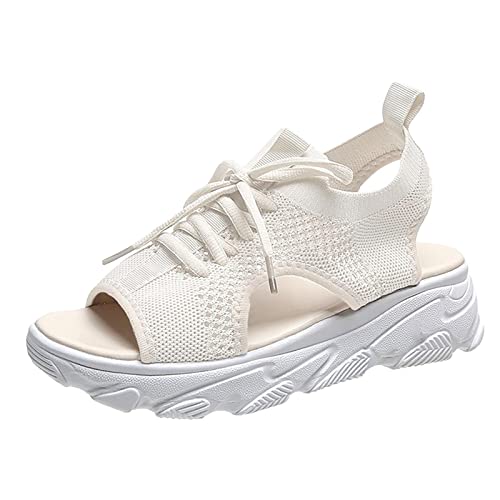 UnoSheng Damenschuhe 39 Sandalen Sommer Damen Sandalen Mesh Casual Weiß Dicke Sohlen Schnürsandalen Offene Zehen Strandschuhe Blaue Schuhe Damen Mit Absatz Pumps (White, 37) von UnoSheng